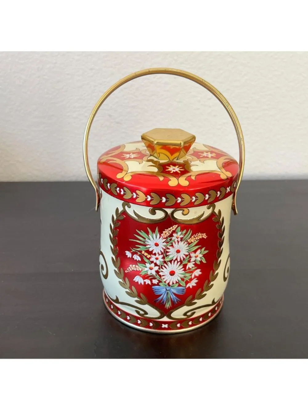 Vintage Murray Allen Handled Metal Candy Tin // Round Floral Lidded Canister // - Picture 2 of 8